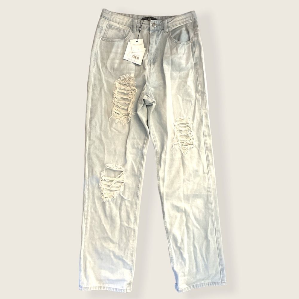 NWT Missguided White Faded Distressed Relax Fit Jeans Size 8